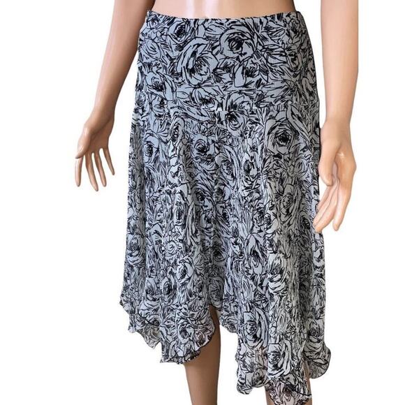 Nine West Pleated 100% Silk Midi Skirt black/white side zip up SZ 2 - Picture 2 of 8